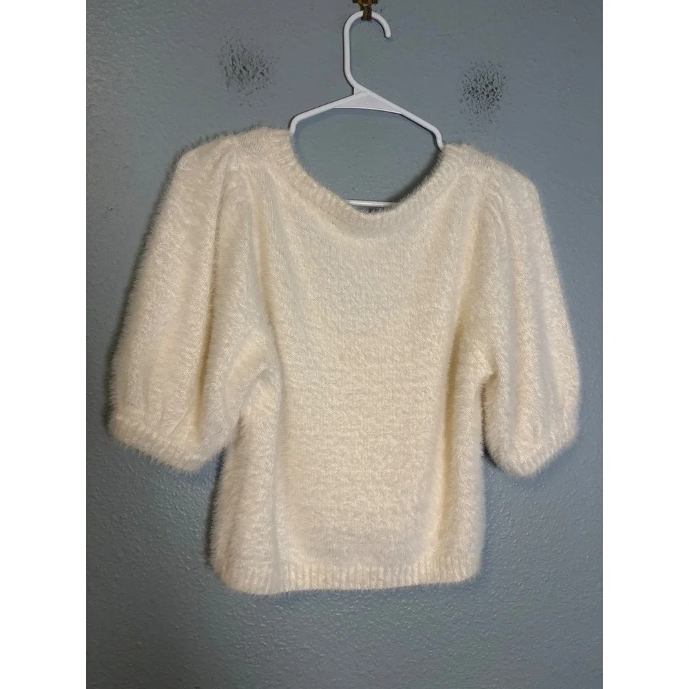 For‎ Love & Lemons Anastasia Cropped Sweater White Faux Mohair Floral Applique - Picture 6 of 8